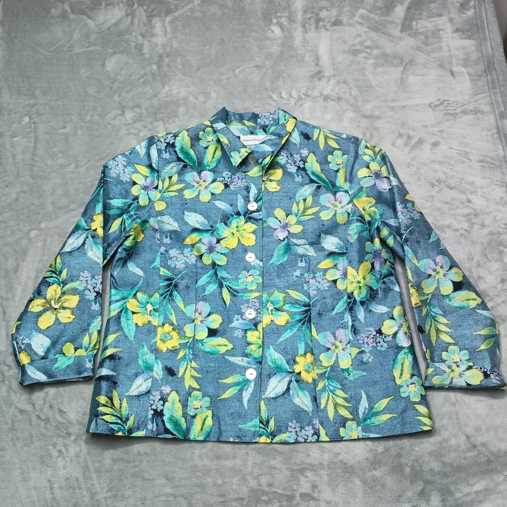 Alfred Dunner Jacket Womens 16 Teal Floral Button Front Textured Lightweight